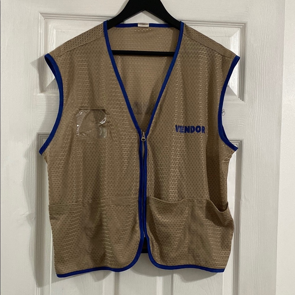 Tan Mesh Vendor Vest with Blue Trim